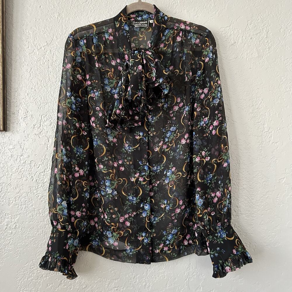 Vintage Sheer Floral Tie Neck Blouse Dark Academia Gothic Romantic Whimsy M/L